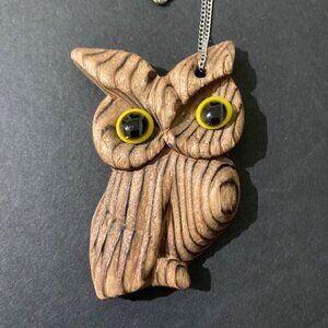 Wood Cryptomeria Owl Pendant Necklace With Chain